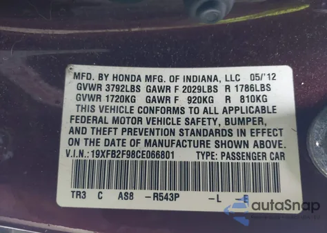 2012 Honda Civic Ex-L from USA, damaged, VIN 19XFB2F98CE066801